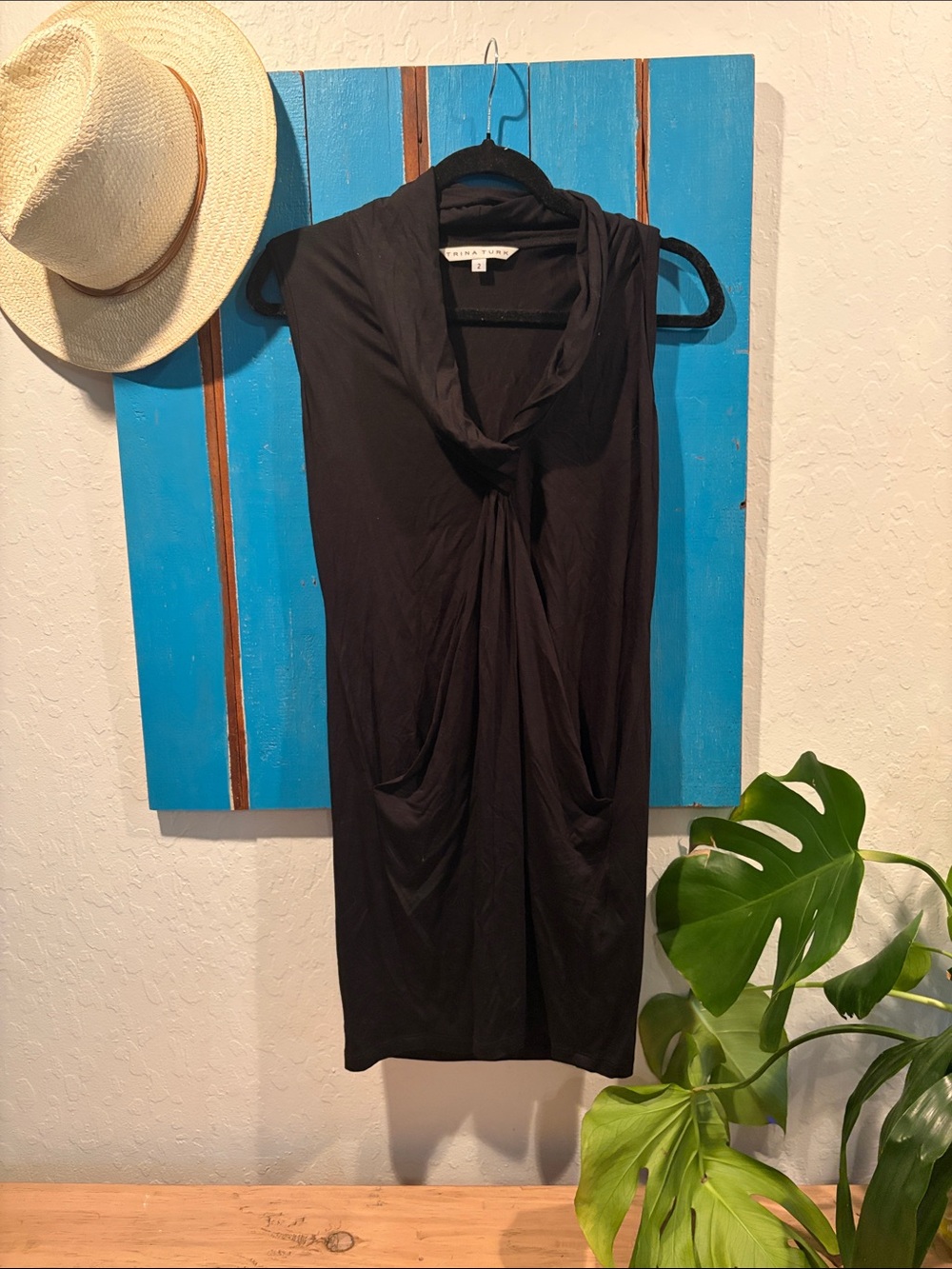 Trina Turk Black Sleeveless Midi Dress with Cowl Neck